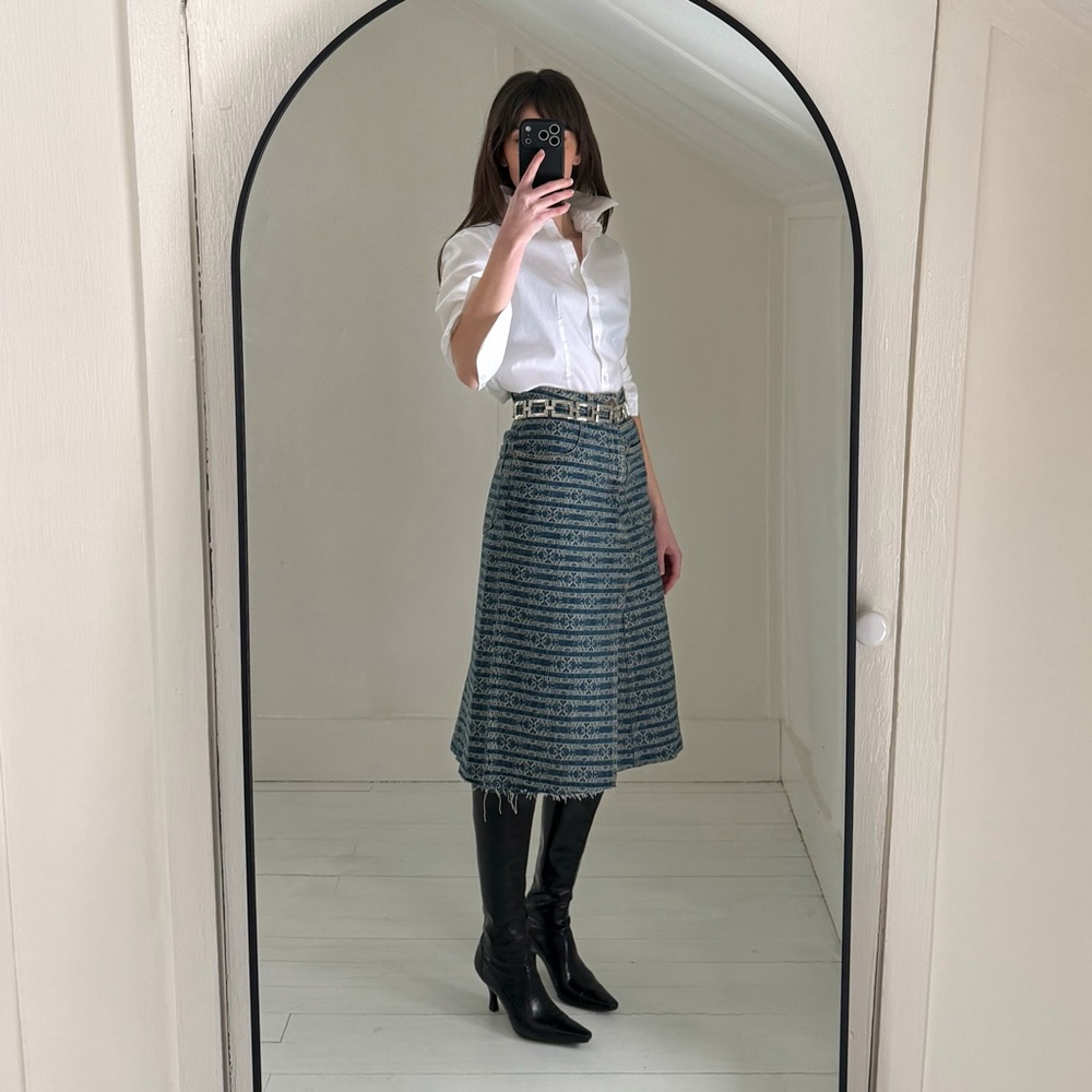 Tory Burch Deconstructed Denim Midi Skirt in Sublime Jacquard & Vintage Wash NWT - Picture 2 of 13